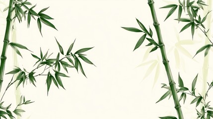 Obraz premium Bamboo branches with leaves on a cream background