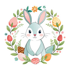 Cartoon vector illustration of a cute Easter bunny with colorful eggs and spring flowers