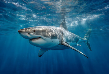 Fototapeta premium Great white shark in deep blue water.