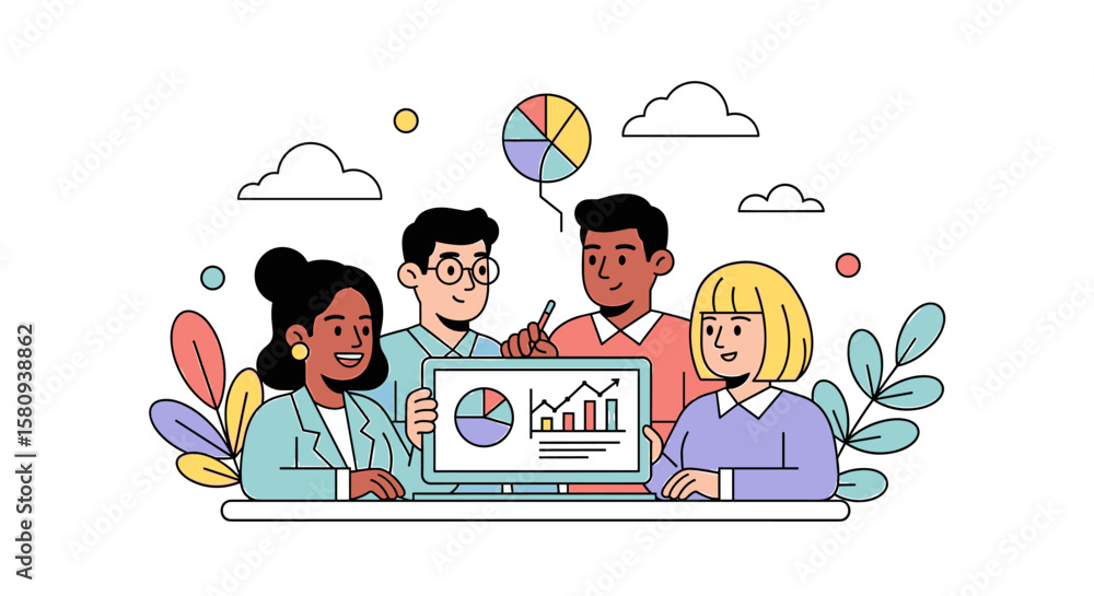 Poster diverse team analyzing charts and graphs on a digital display