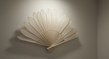 Light beige fanshaped wall art with translucent petallike segments illuminated from above casting shadows on a beige wall