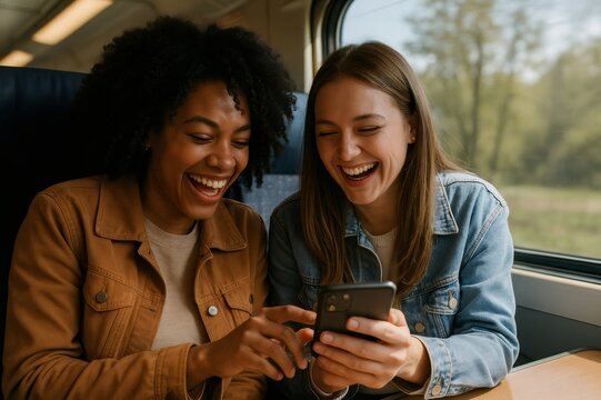 Two female friends laughing together during their train ride, sharing moments of joy while looking at their smartphones and enjoying the journey