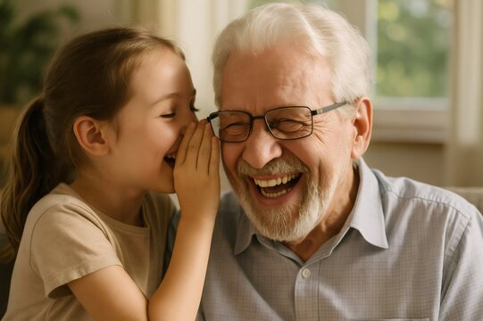 Granddaughter whispering a secret in grandfather's ear, sparking laughter and joy, creating cherished memories in the warmth of home