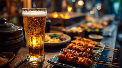Frothy beer in tall glass next to yakitori skewers in a Japanese style pub setting