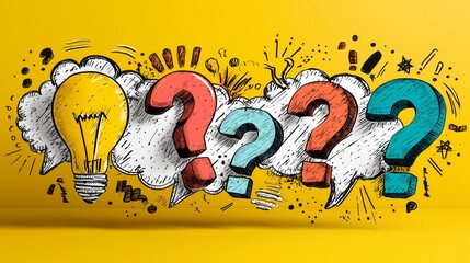 Floating text bubbles, brain sparks, question marks, and light bulbs 