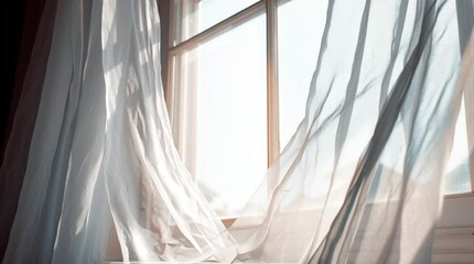 A sheer white curtain billows gently by an open window, sunlight streaming through - Powered by Adobe