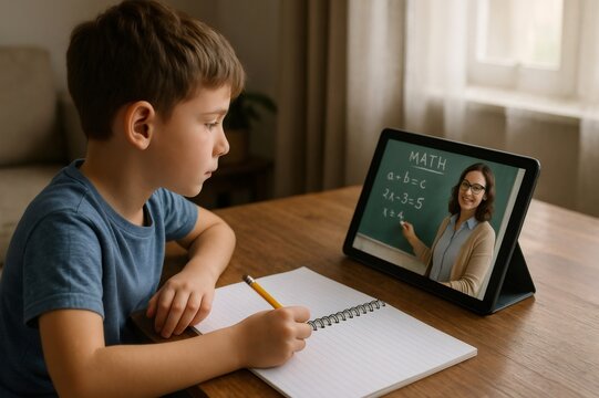 Young boy attentively participates in an online math class, writing notes while watching a teacher on a tablet screen at home - Powered by Adobe