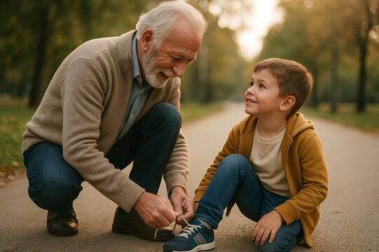 Grandfather kneels to tie his grandson's shoelaces on a peaceful park path, showcasing a tender moment of care and bonding between generations