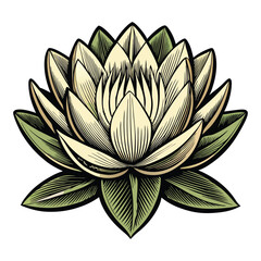 White-isolated water lily flower with green leaves, a beautiful floral vector illustration
