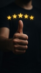 A hand gives thumbs up under glowing stars on dark background, symbol of approval, and digital quality assurance and certification compliance