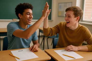 Two cheerful male high school students giving each other a high five after passing a test in classroom