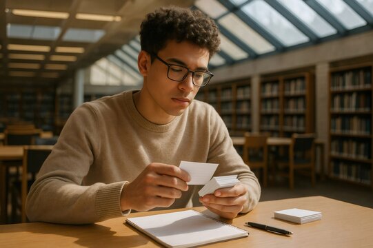 Young man studying with flashcards in a bright library, memorizing key concepts for an upcoming test
