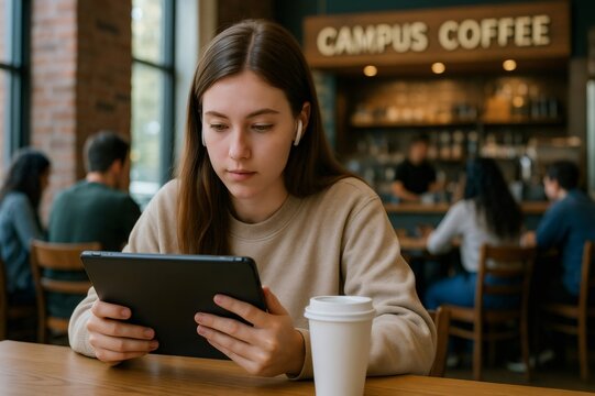 Young woman wearing earbuds using digital tablet and drinking coffee in busy cafe, working or studying remotely - Powered by Adobe