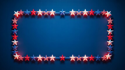 Patriotic red white and blue stars forming border on blue background

