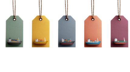 colorful shipping container tag illustration, shipping container tag design with cargo ship, shipping container tag artwork for global trade, shipping container tag