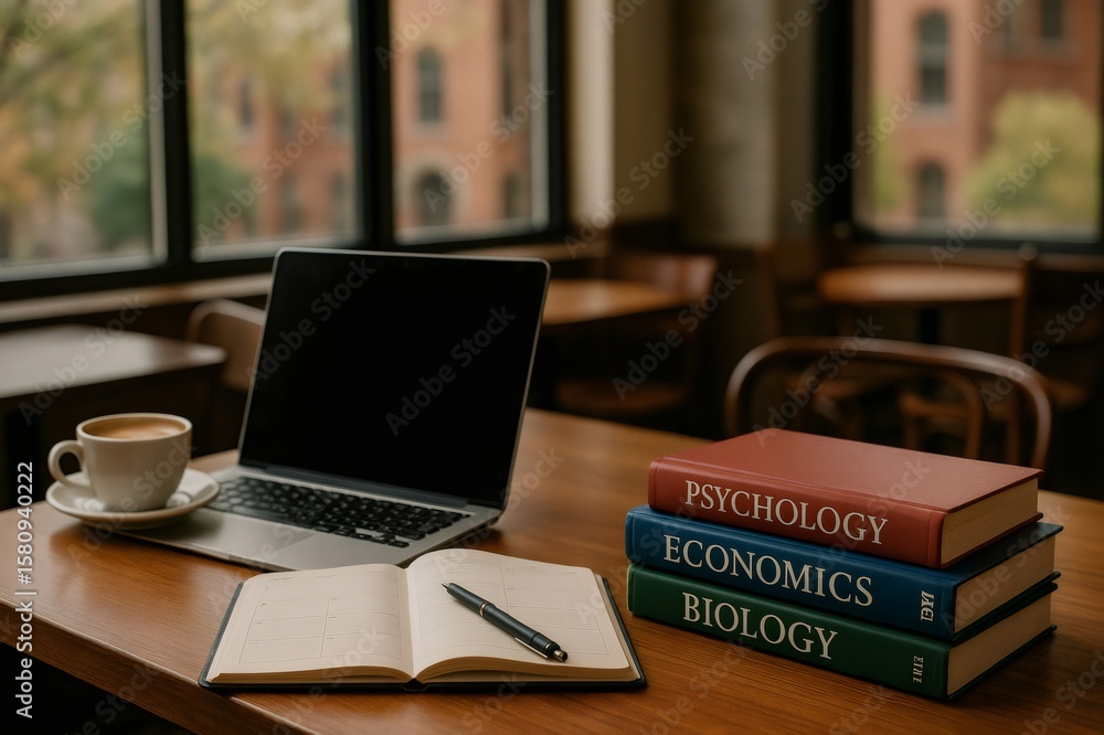 Poster study session essentials including laptop, textbooks, notebook and coffee placed on a table in a caf