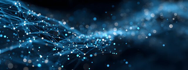 Abstract connected dots and lines on blue background. Communication and technology network concept with moving lines and dots.