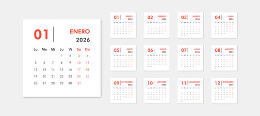 2026 calendar modern classic on Spanish language. Week starts on Monday. Desk or wall calendar in minimalist style