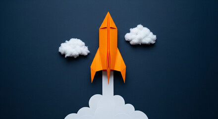 Soaring Start Orange Paper Rocket Launching into the Blue