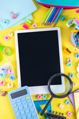 Back to school colorful background containing various school supplies, education accessories for...