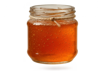 Glass jar full of natural honey isolated on transparent background, sweet