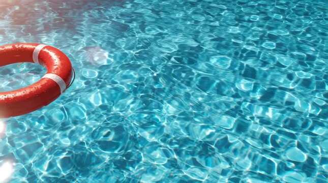 Red life ring with wite lines floats in a clear blue water pool, creating a serene summer mood