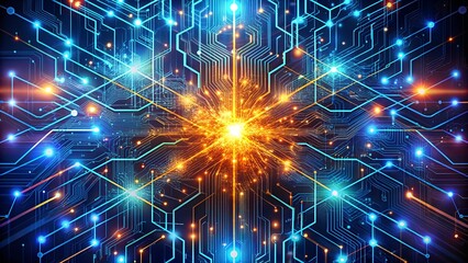 Obraz premium An explosion of digital energy emanates from a central point on a complex circuit board