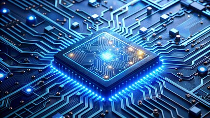 Closeup of a bright blue central processing unit on a detailed electronic circuit board