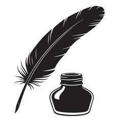 Quill pen and inkwell vector illustration in black and white