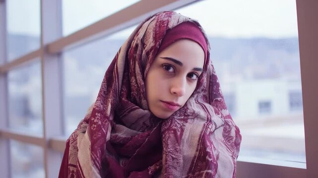 Young woman in a patterned headscarf by a window