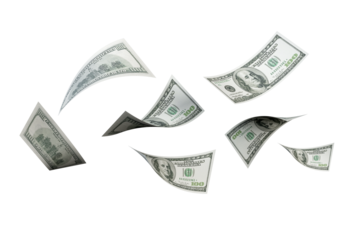 Flying 100 American dollars banknotes on white 
