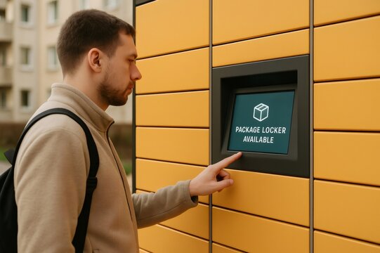 Man using a digital interface on a yellow package locker, highlighting modern technology in delivery services and convenient parcel pickup