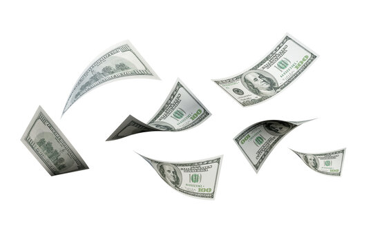 Flying 100 American dollars banknotes on white 
