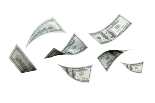 Flying 100 American dollars banknotes on white 
