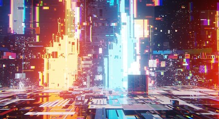 Abstract, futuristic digital landscape with glowing lights and complex structures, creating a sense of data flow.