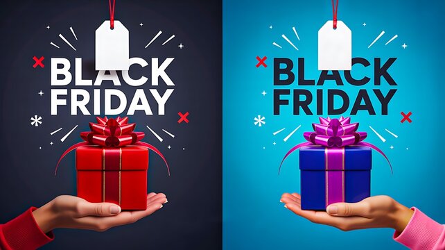 Black friday sale gift box with label on colorful background

