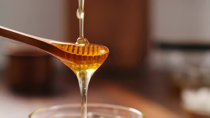 Closeup of honey being drizzled from a wooden spatula into a glass jar in warm kitchen setting - Powered by Adobe