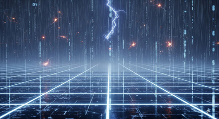 Digital Gridscape Abstract Data Flow with Lightning Strikes and Flickering Lights