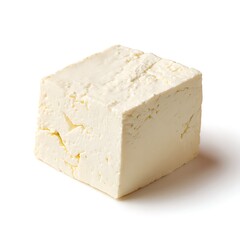 Soft creamy block of fresh cheese with smooth surface placed on clean white background. Perfect for dairy ads, cooking visuals, and food packaging.