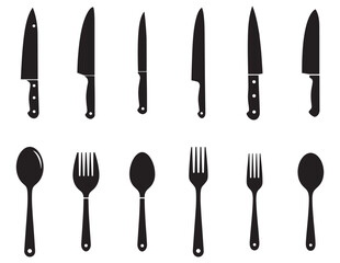 Kitchen utensil silhouettes featuring knives, forks, and spoons in a simple design.