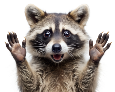Close up of a cute raccoon with paws raised on a transparent background isolated on transparent background