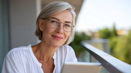 A cheerful older woman reading a book on a sunny balcony, enjoying her peaceful moment amidst greenery.