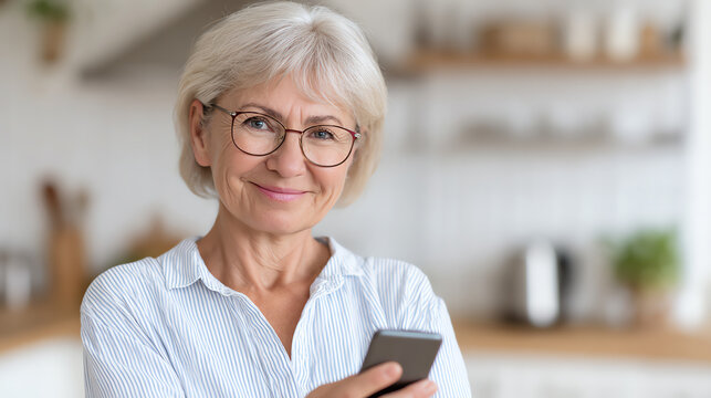 A cheerful elderly woman with glasses smiles while holding a smartphone in a modern kitchen, embodying connectivity and joy.