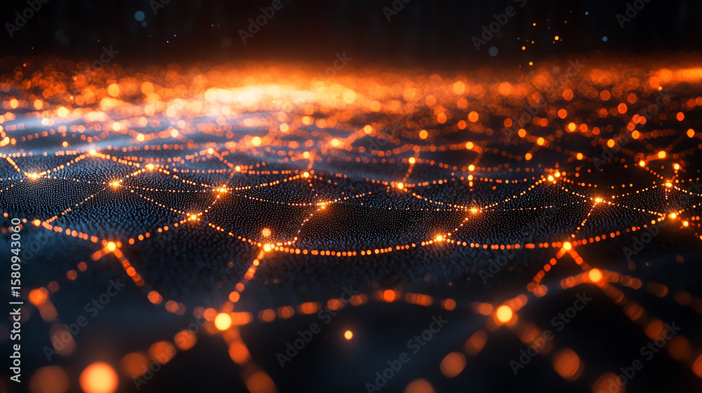 Poster a close-up of a digital network representing connection and communication with glowing nodes against