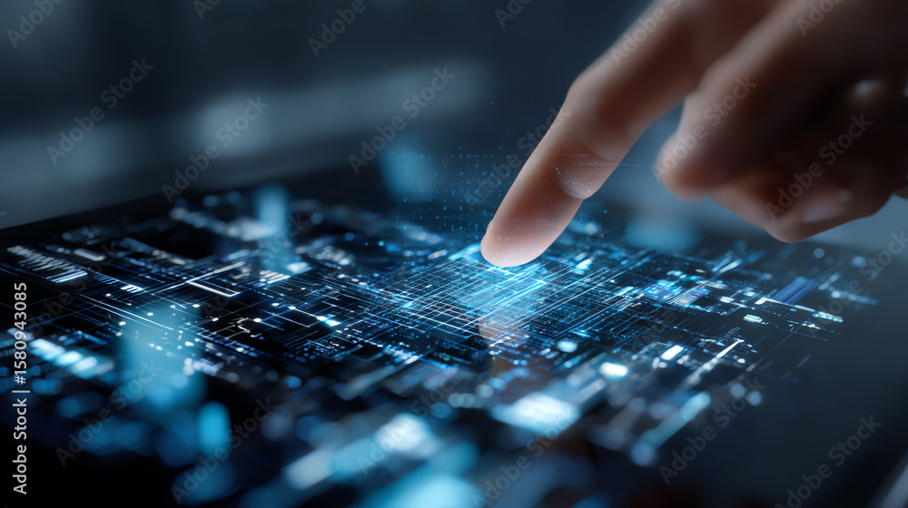 Poster a close-up of a finger touching a futuristic digital interface, showcasing advanced technology and i