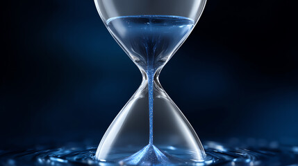 A close-up of a glass hourglass filled with flowing water, symbolizing the passage of time and the fluidity of moments.