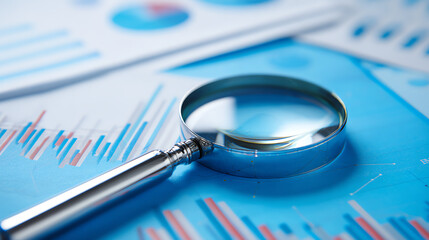 A close-up of a magnifying glass resting on financial charts and graphs, representing analysis and scrutiny in business.
