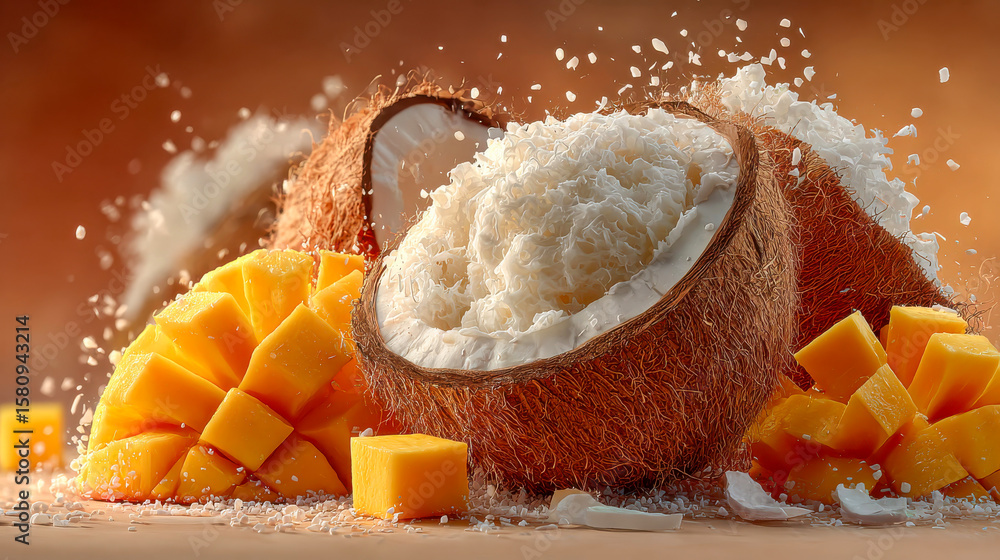 Poster fresh mango cubes inside a halved coconut with water splashes in a tropical setting