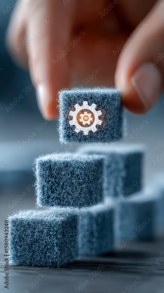 Poster a close-up of a hand placing blue textured cubes and spiked rings in a conceptual digital visualizat