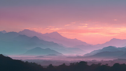 Fototapeta premium Serene Pastel Sunrise Over Misty Mountain Range